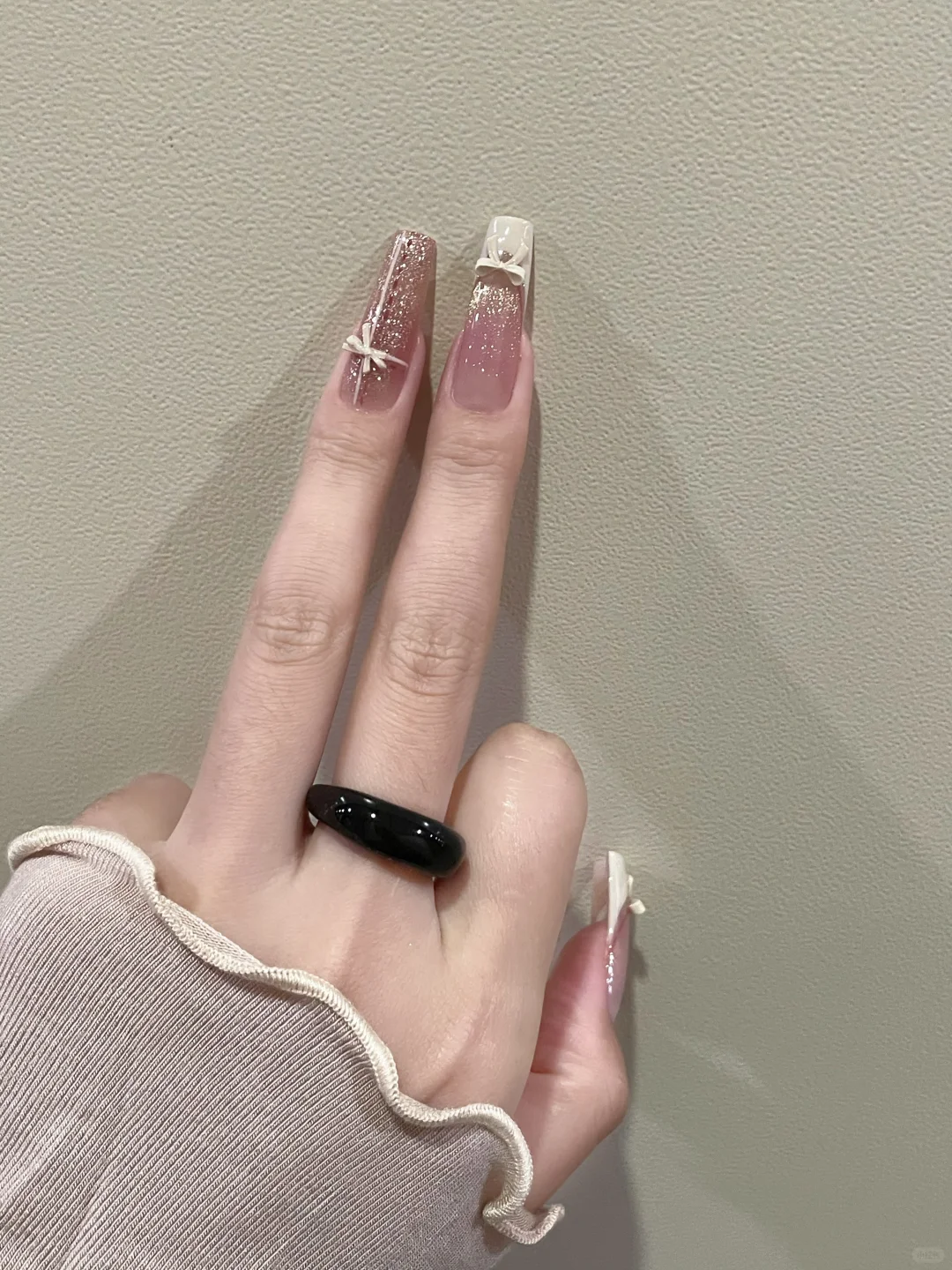 新美甲 look♡♩韩系甜妹风•米白蝴蝶结美甲