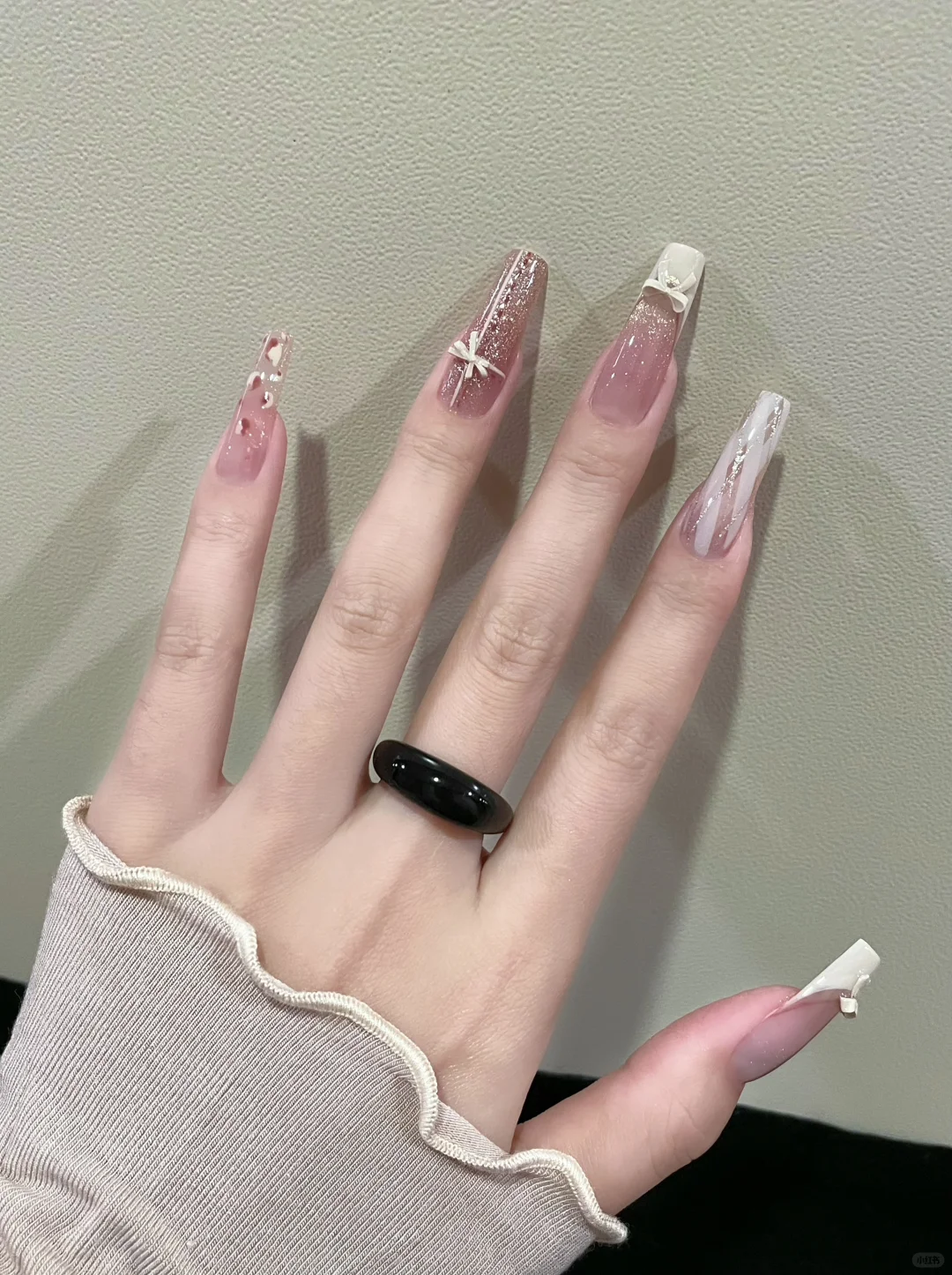 新美甲 look♡♩韩系甜妹风•米白蝴蝶结美甲