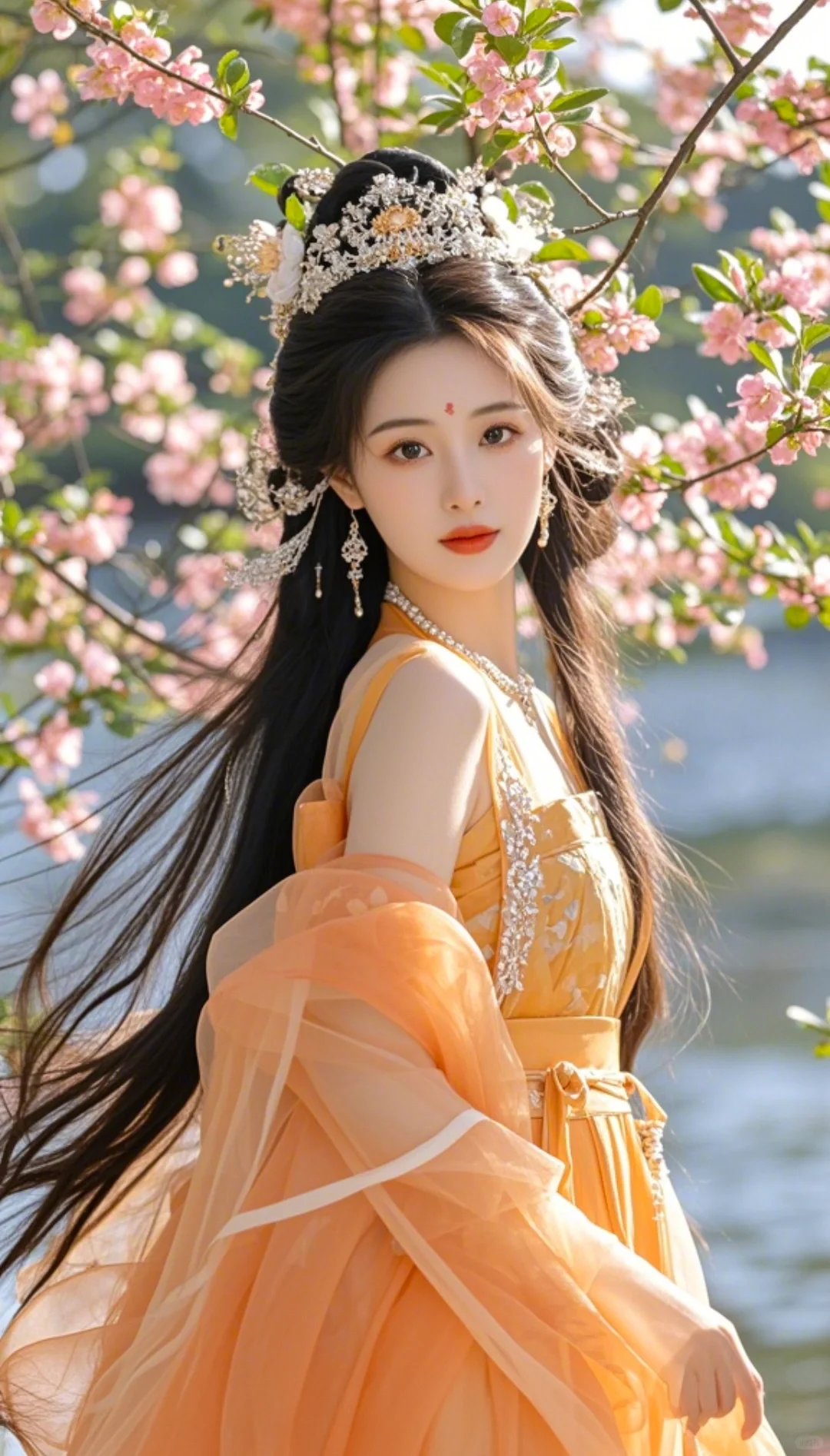 桃花树下舞翩跹，粉妆玉琢赛天仙。翠袖双