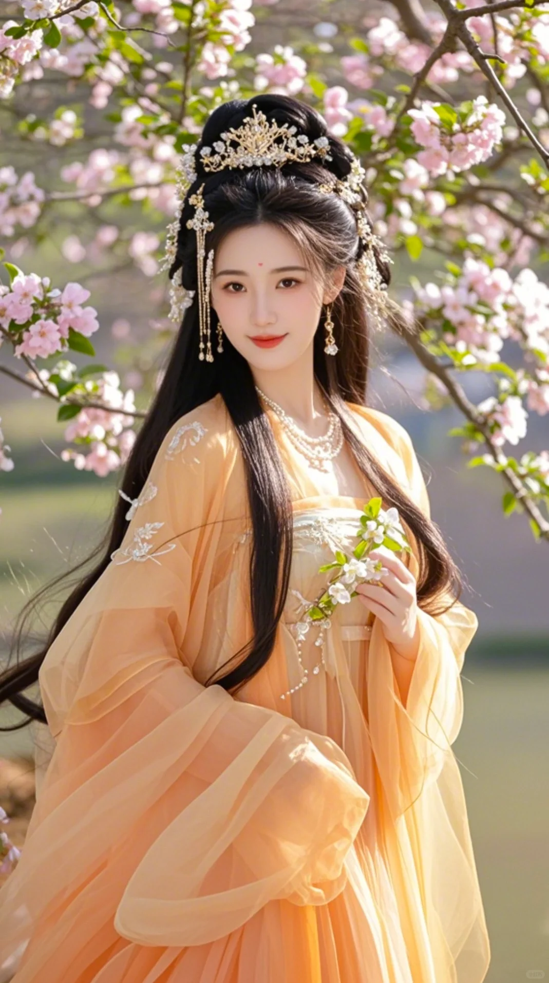 桃花树下舞翩跹，粉妆玉琢赛天仙。翠袖双