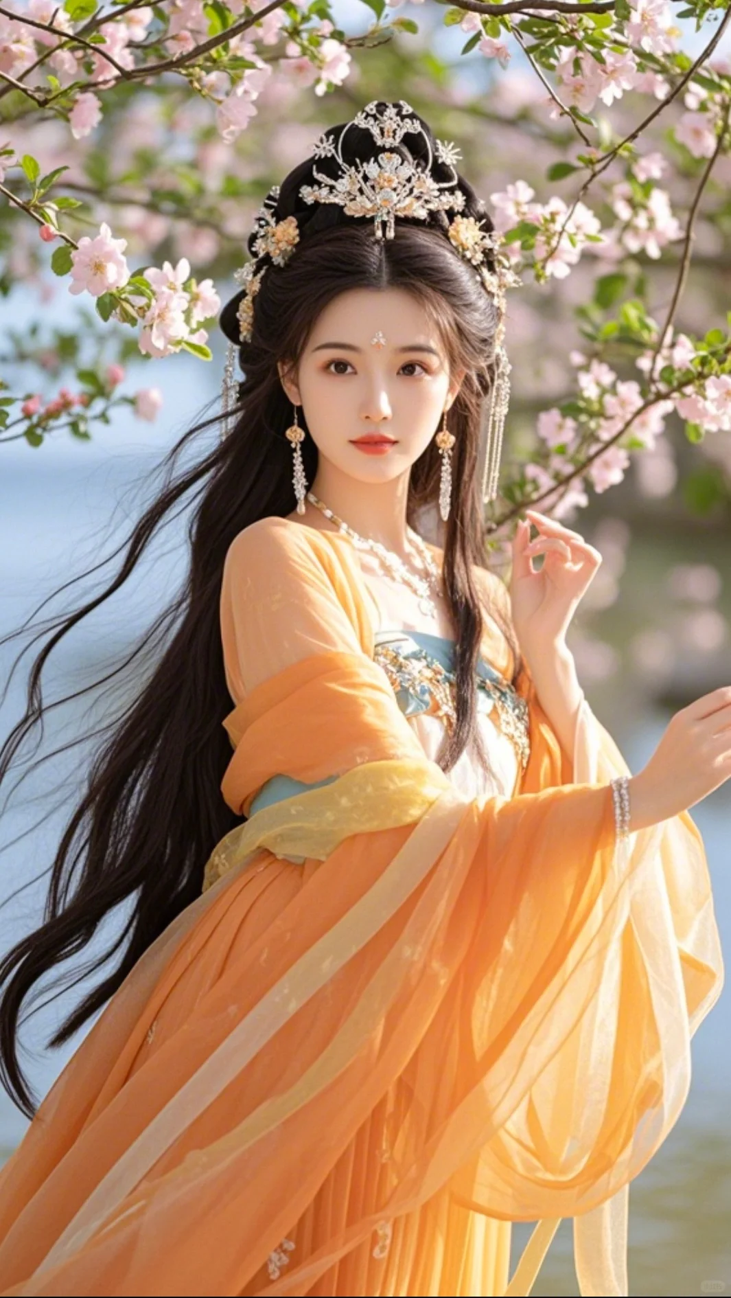桃花树下舞翩跹，粉妆玉琢赛天仙。翠袖双