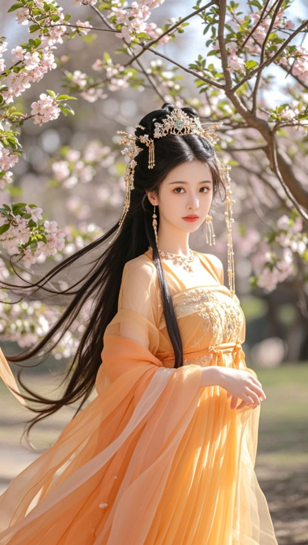 桃花树下舞翩跹，粉妆玉琢赛天仙。翠袖双