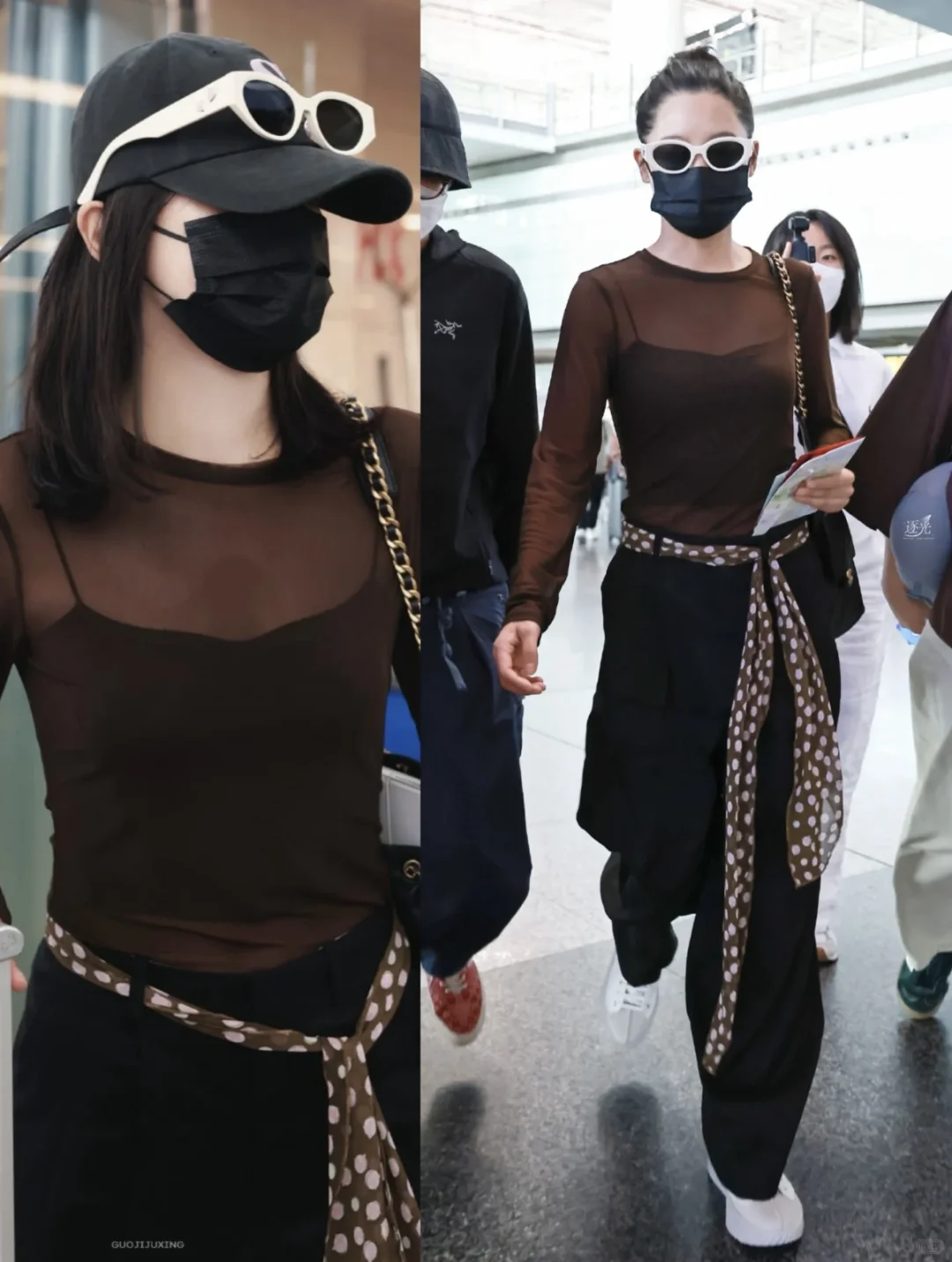 辛芷蕾机场look，清爽性感透视装