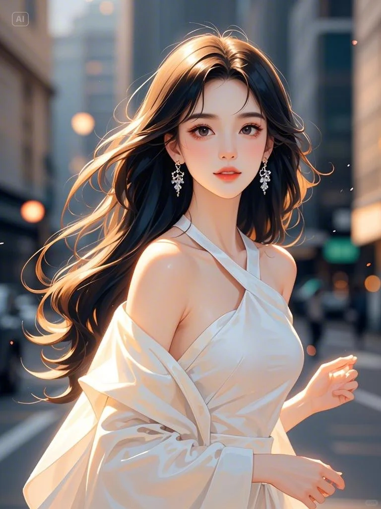 繁华街头，白裙美人的优雅漫步👗✨