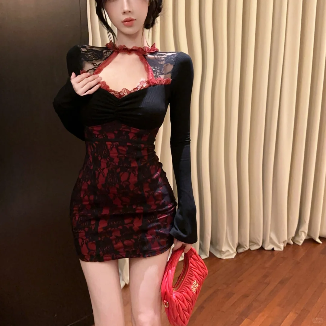 纯欲风👗性感蕾丝长袖连衣裙
