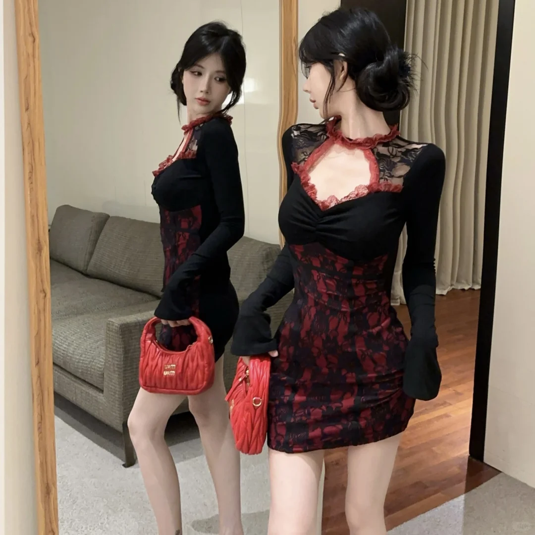 纯欲风👗性感蕾丝长袖连衣裙