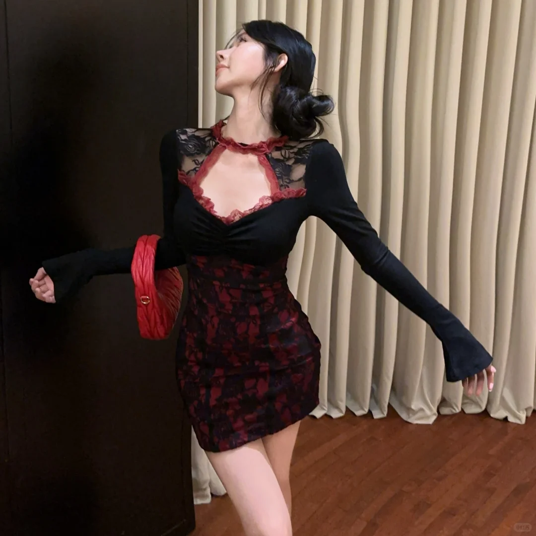 纯欲风👗性感蕾丝长袖连衣裙