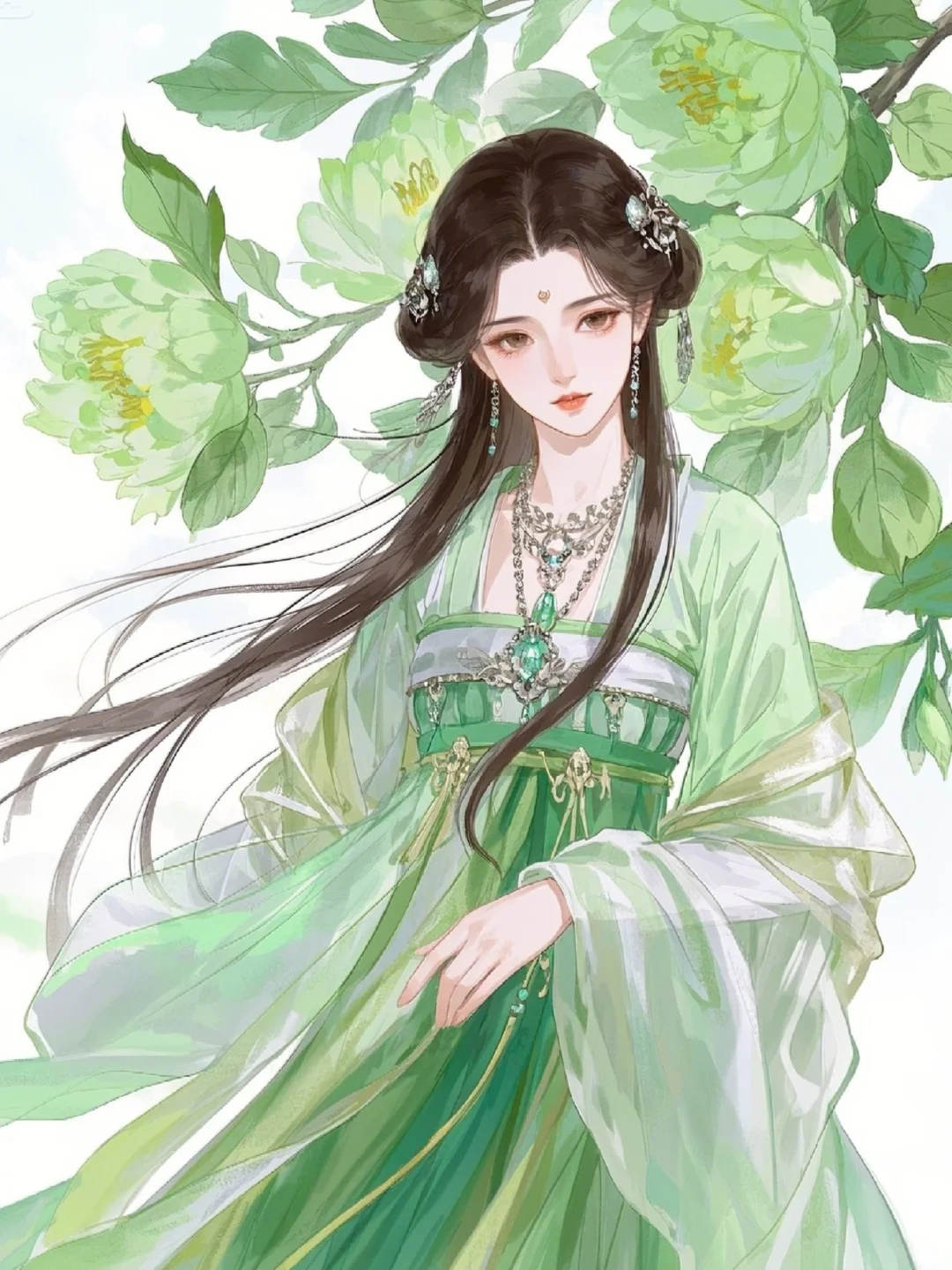 古风插画 | 绿罗裙·花下姿