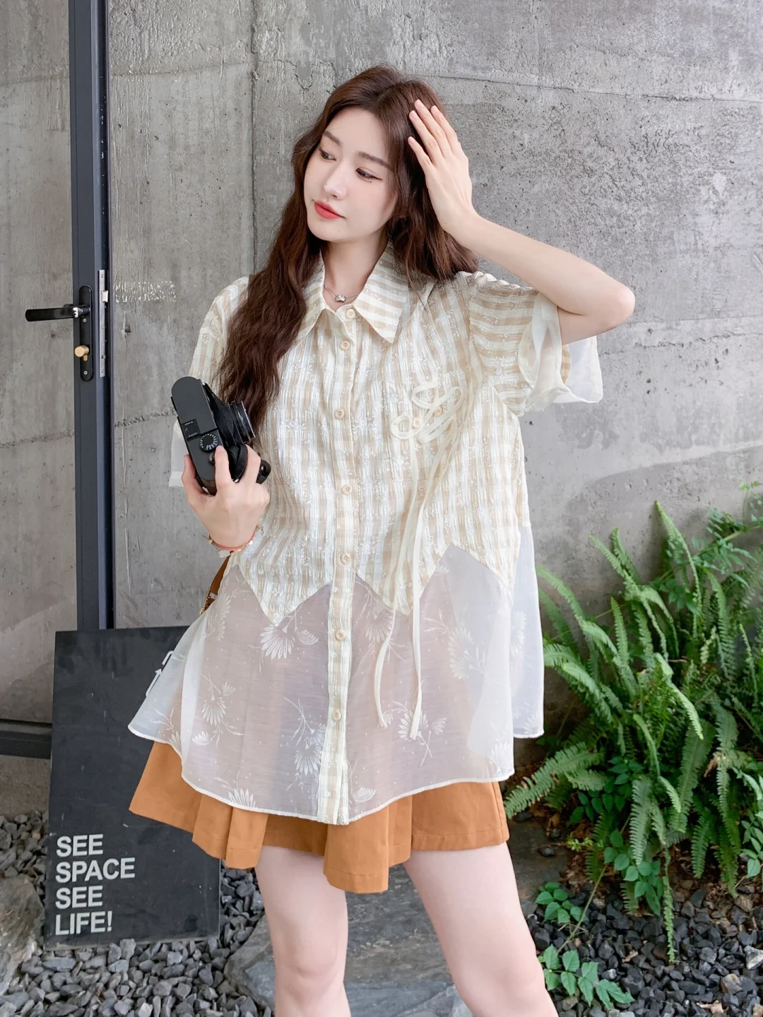 🧡橘棕半裙+透视拼接衬衫 把夏天穿在身上