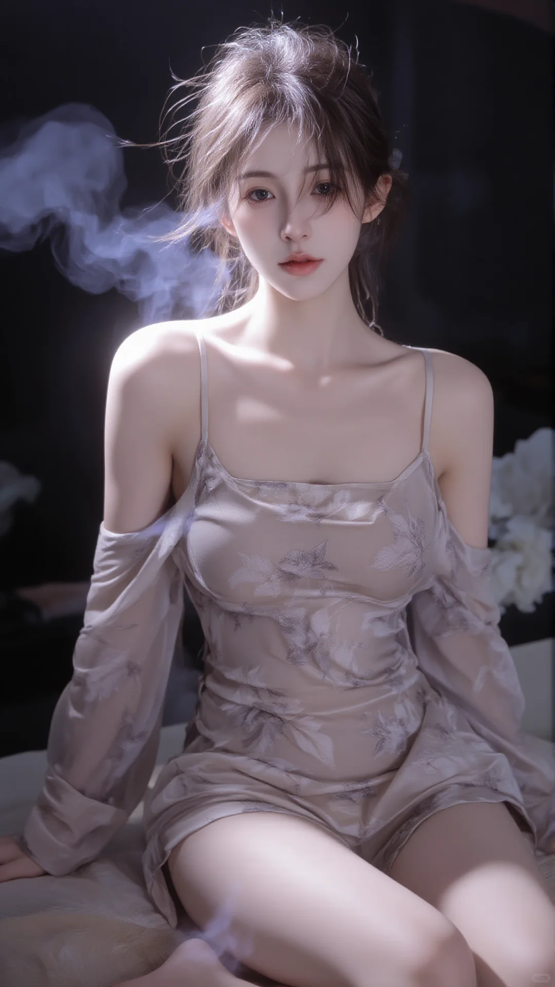 📸烟雾缭绕中绝美露肩，朦胧感侧颜杀疯了