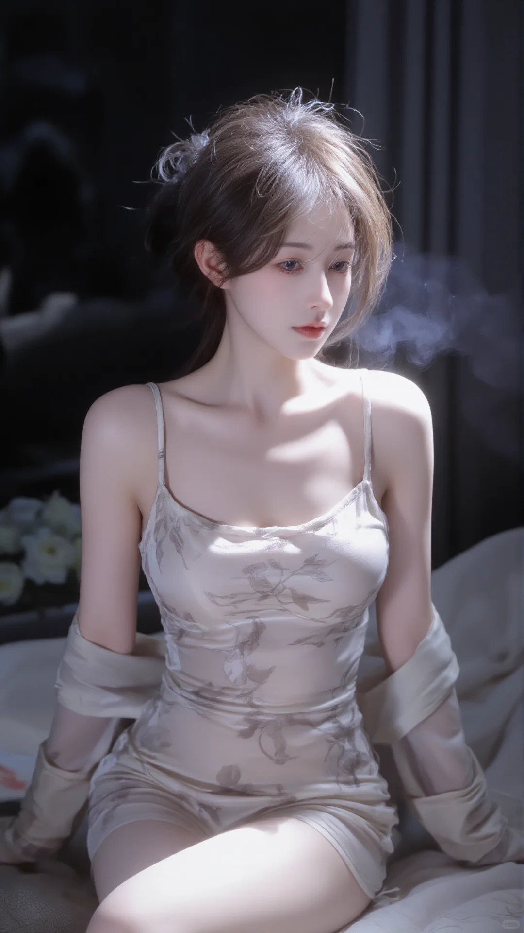 📸烟雾缭绕中绝美露肩，朦胧感侧颜杀疯了