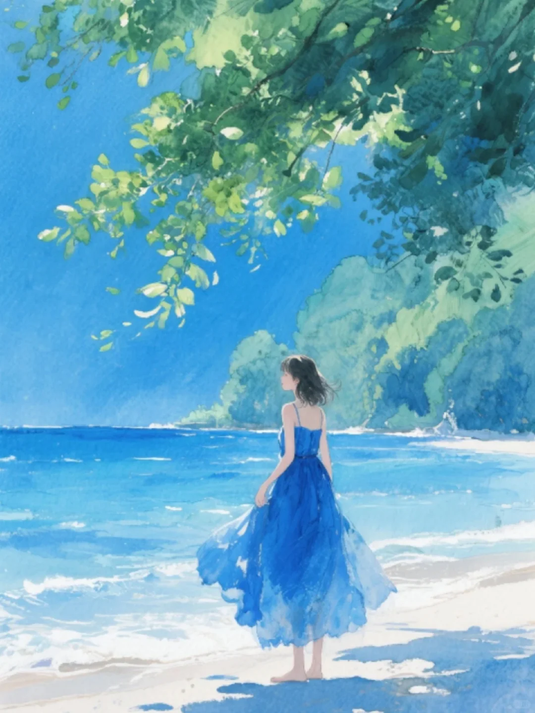 收集156：插画🌼海边的蓝裙女孩