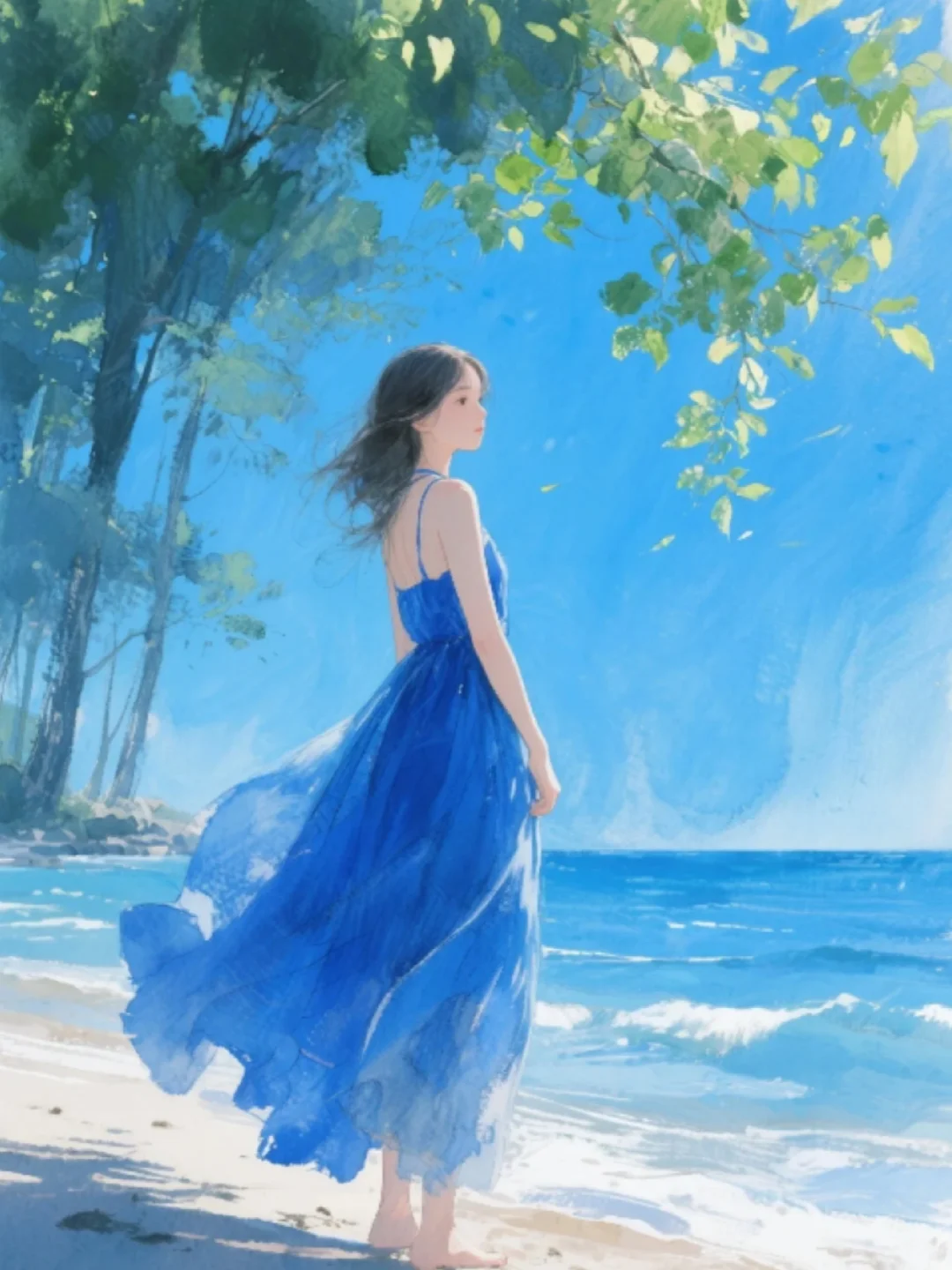收集156：插画🌼海边的蓝裙女孩