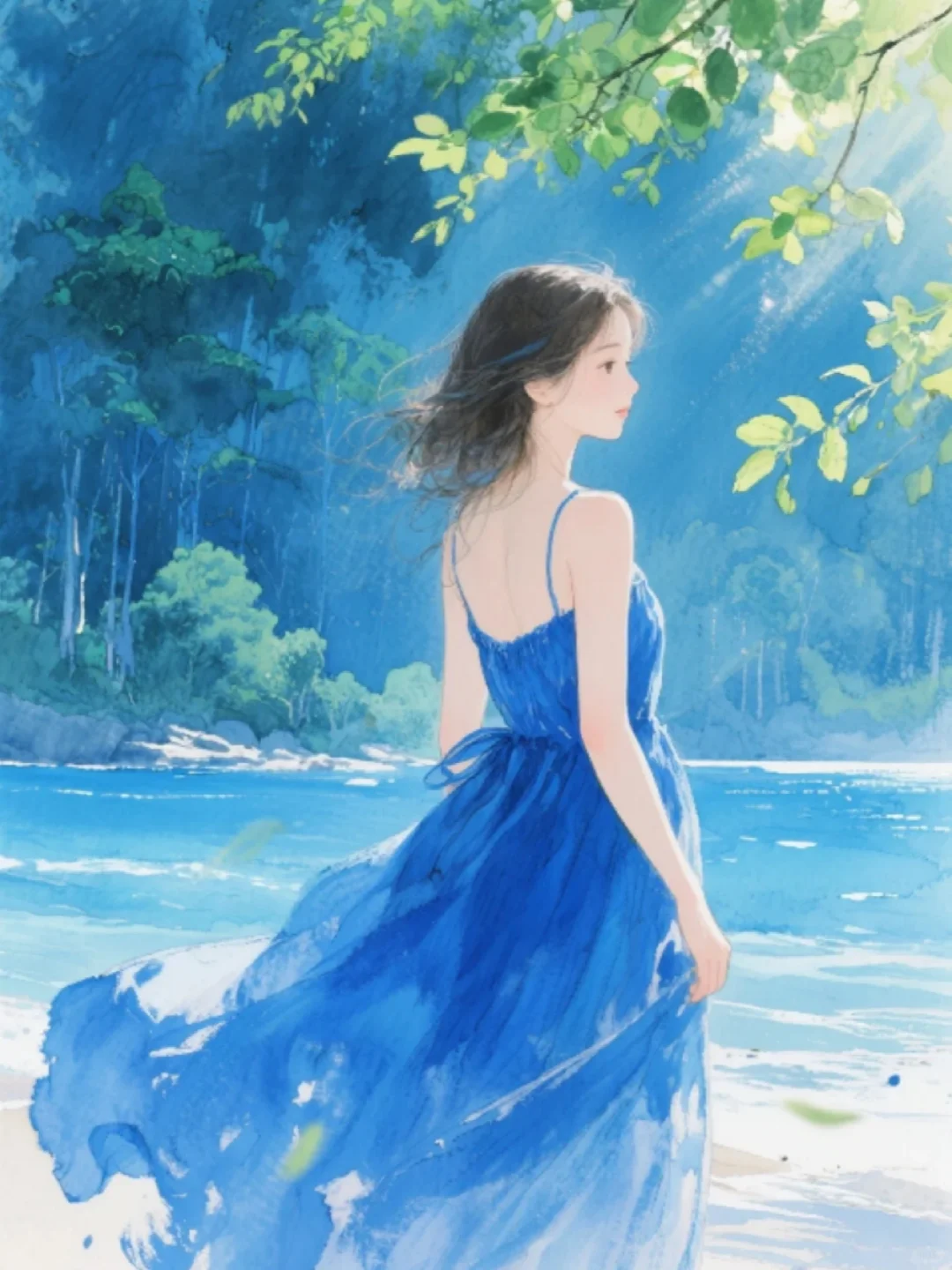 收集156：插画🌼海边的蓝裙女孩