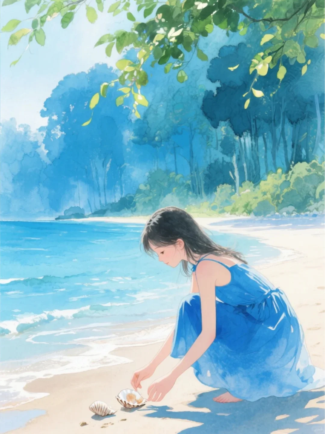 收集156：插画🌼海边的蓝裙女孩