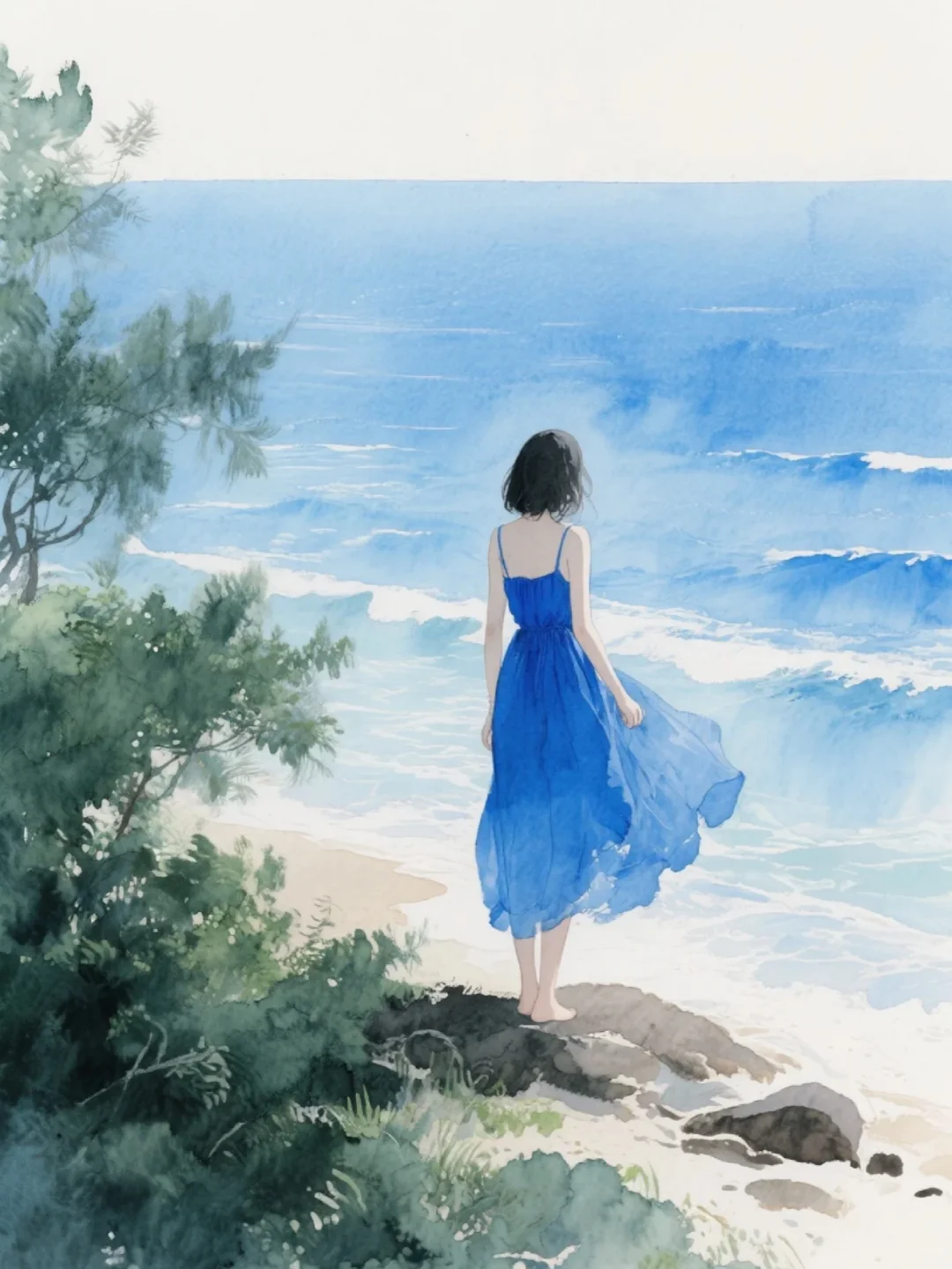 收集156：插画🌼海边的蓝裙女孩