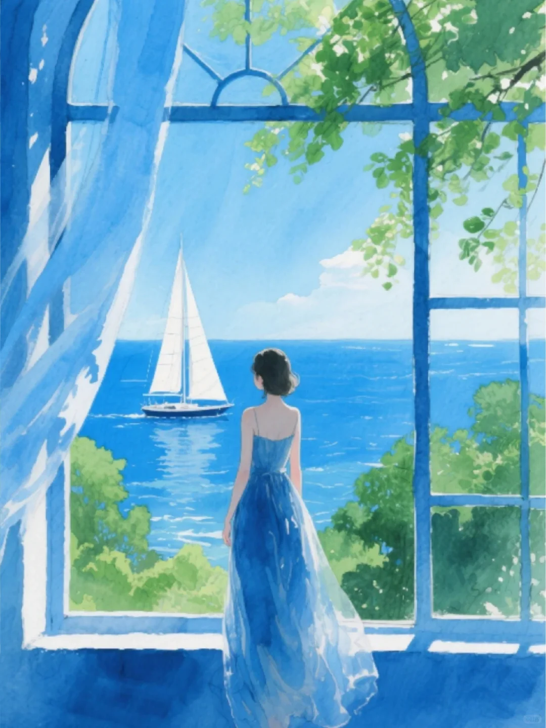 收集156：插画🌼海边的蓝裙女孩