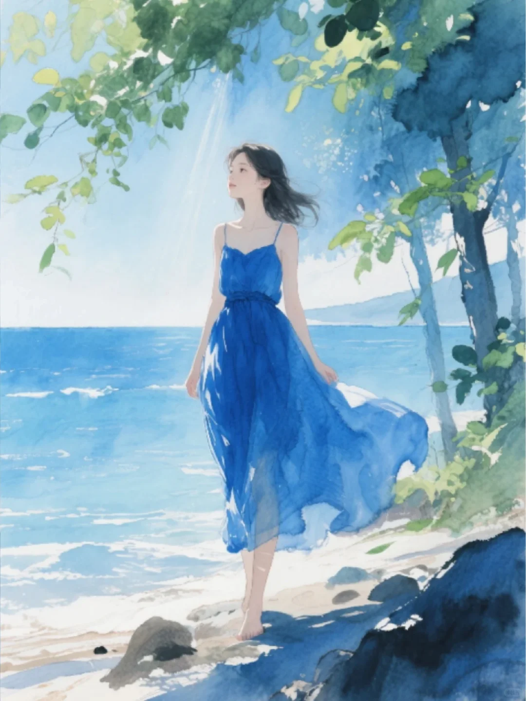 收集156：插画🌼海边的蓝裙女孩