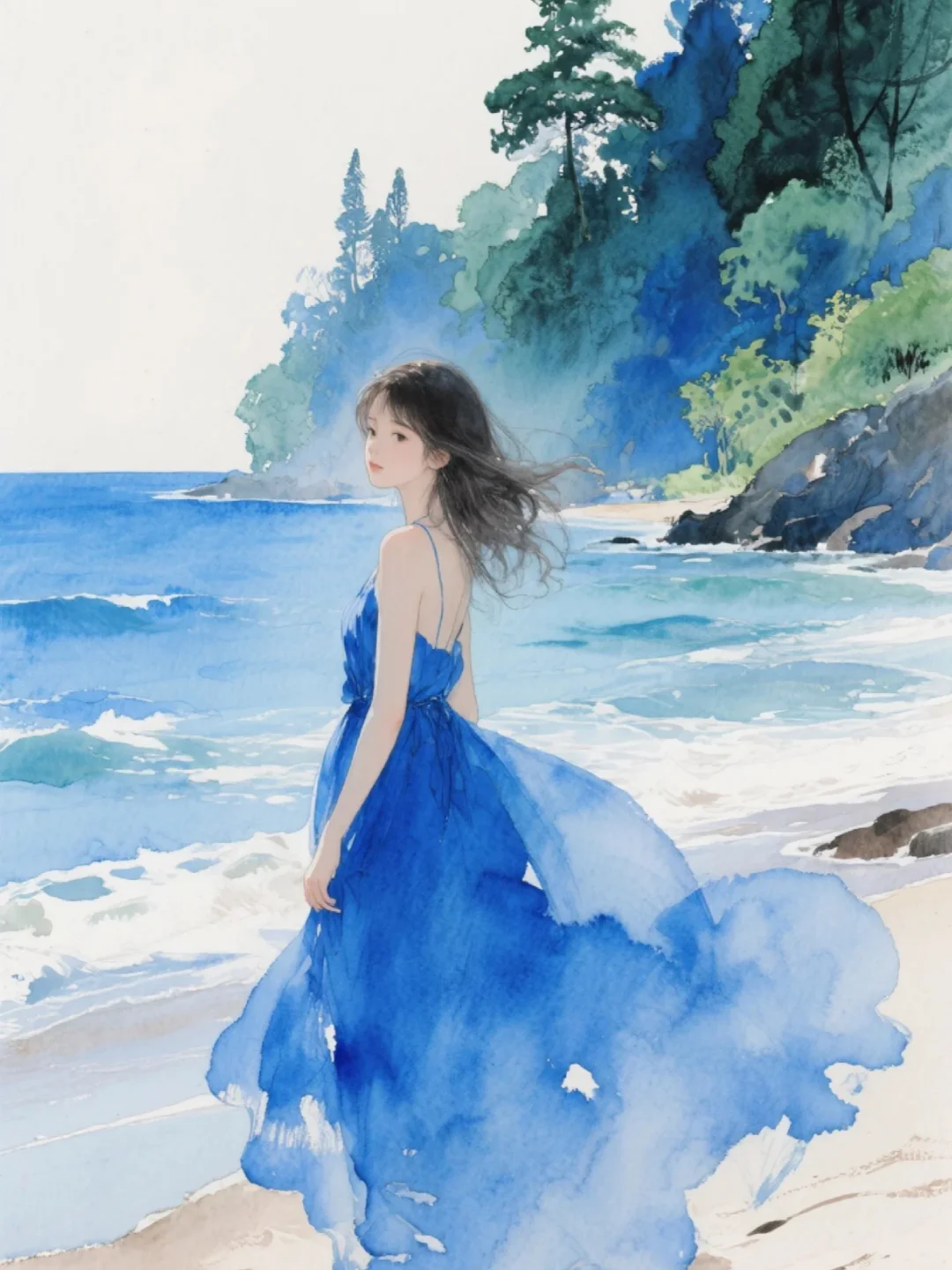 收集156：插画🌼海边的蓝裙女孩