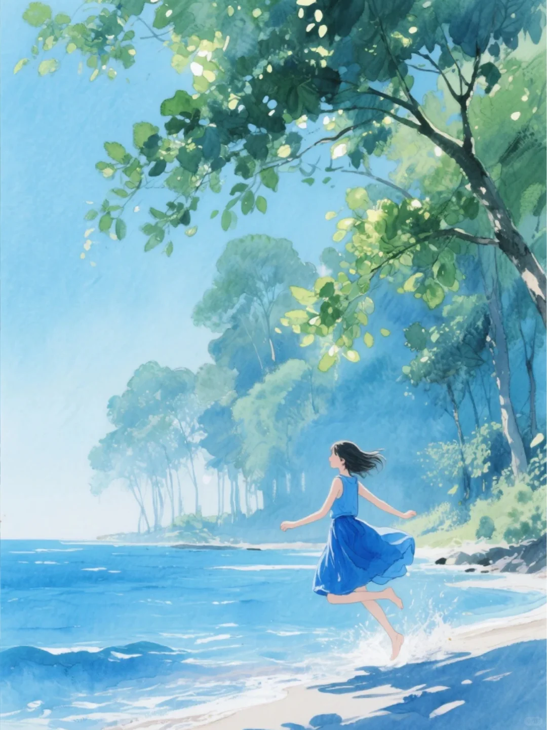 收集156：插画🌼海边的蓝裙女孩