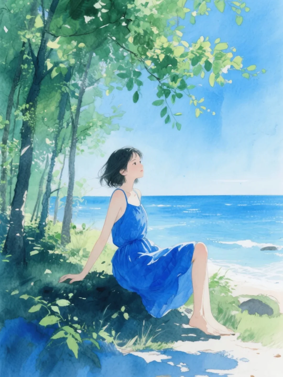 收集156：插画🌼海边的蓝裙女孩