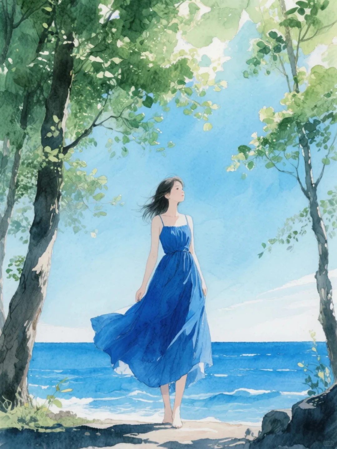 收集156：插画🌼海边的蓝裙女孩