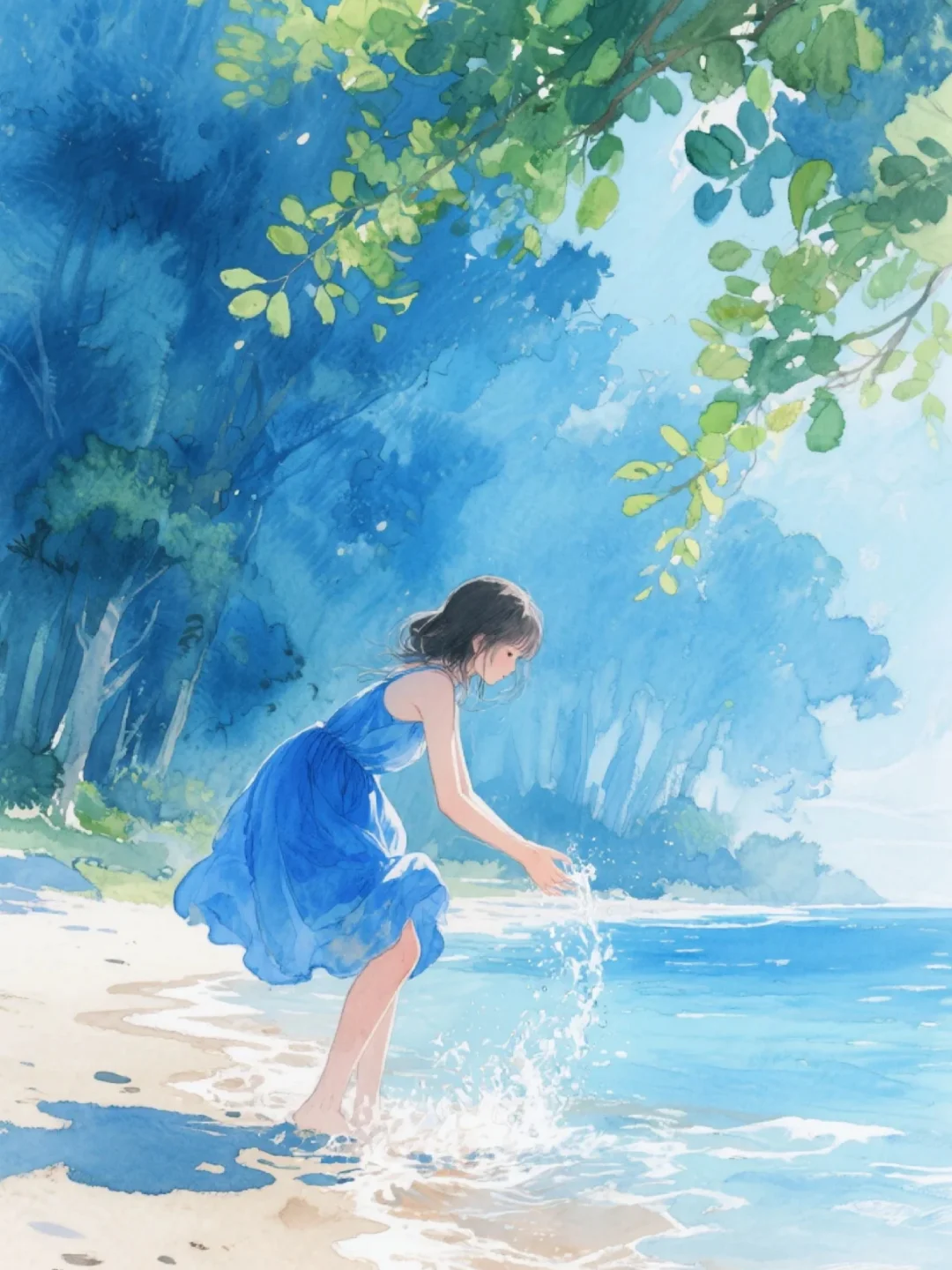 收集156：插画🌼海边的蓝裙女孩