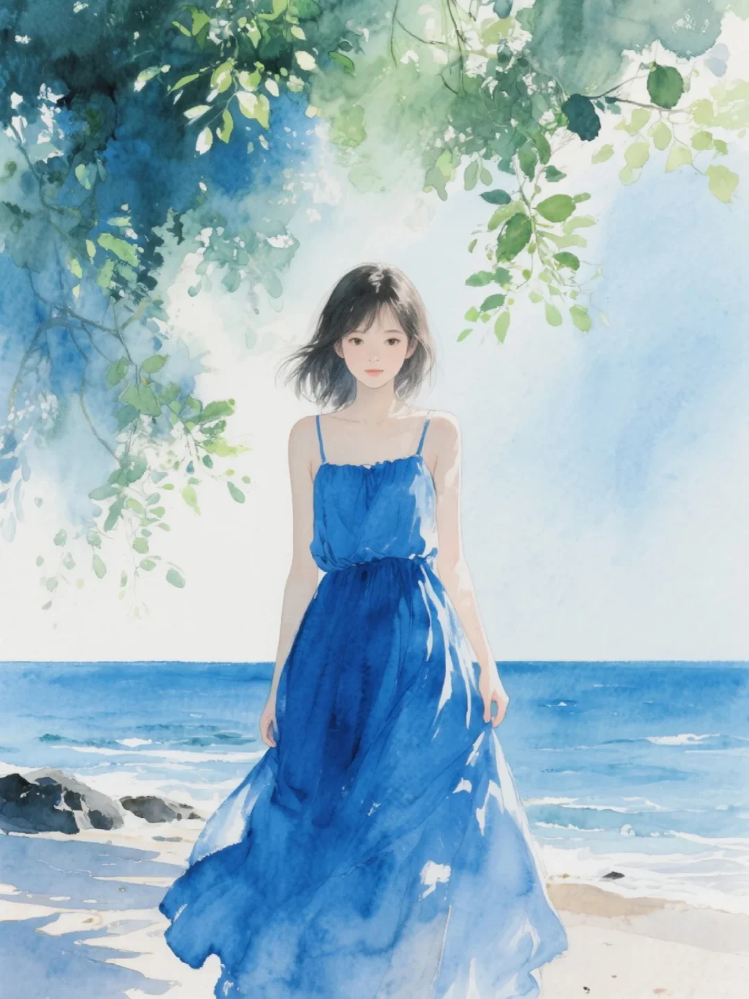 收集156：插画🌼海边的蓝裙女孩