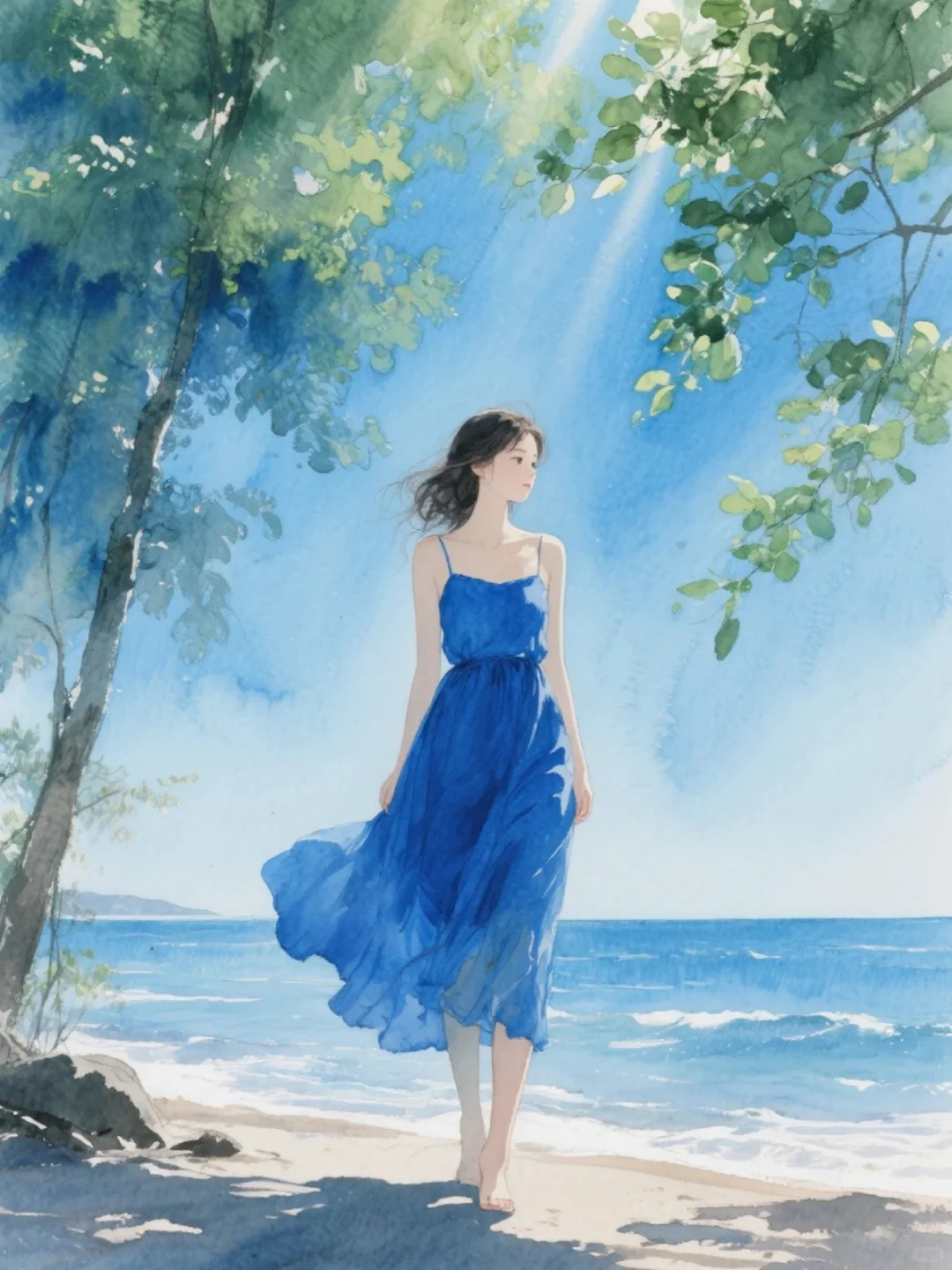 收集156：插画🌼海边的蓝裙女孩
