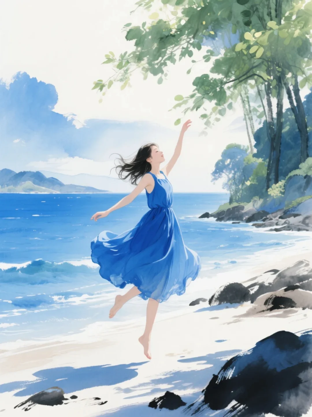 收集156：插画🌼海边的蓝裙女孩