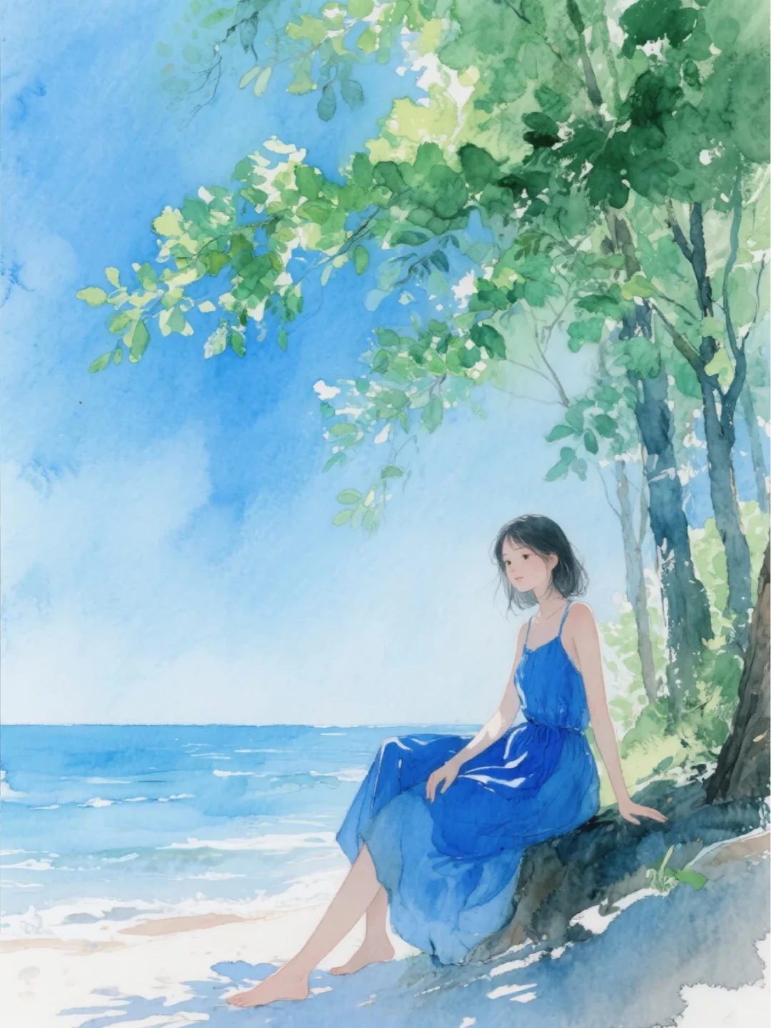 收集156：插画🌼海边的蓝裙女孩