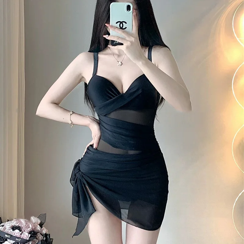 黑纱连体泳衣 泳衣拍照王炸