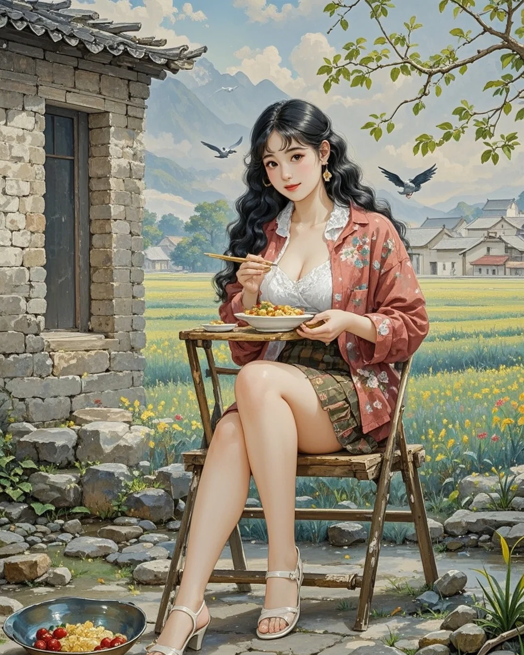 🎈老家院子门口，吃饭超惬意！