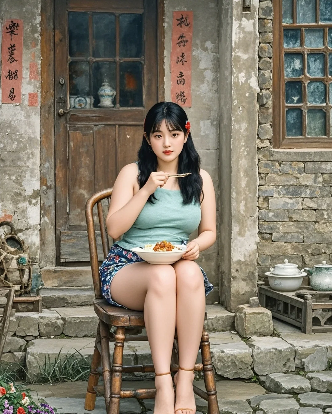 🎈老家院子门口，吃饭超惬意！