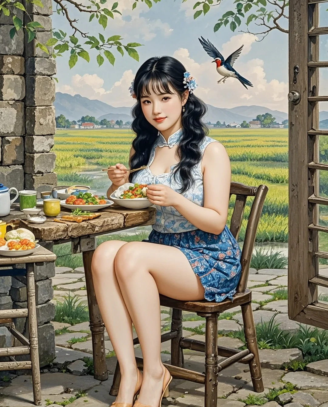 🎈老家院子门口，吃饭超惬意！