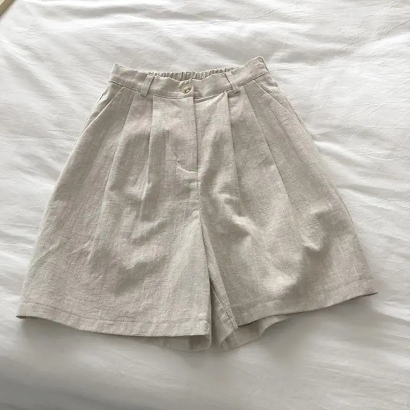 棉麻短裤百搭夏季日系复古高腰棉麻短裤女松