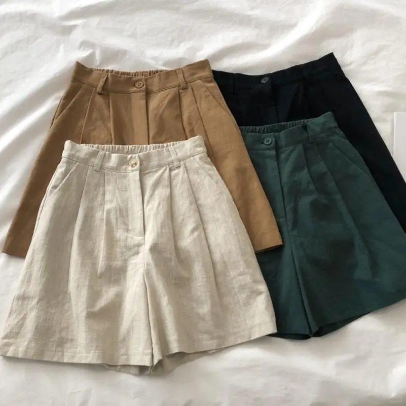 棉麻短裤百搭夏季日系复古高腰棉麻短裤女松