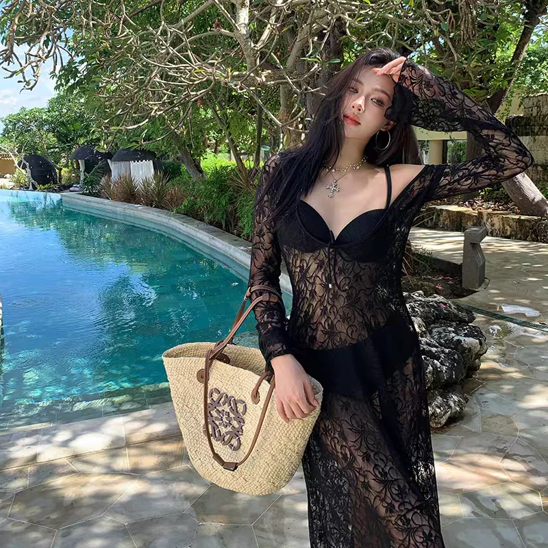 高级感纯欲风黑色蕾丝微透视长裙显瘦性感温