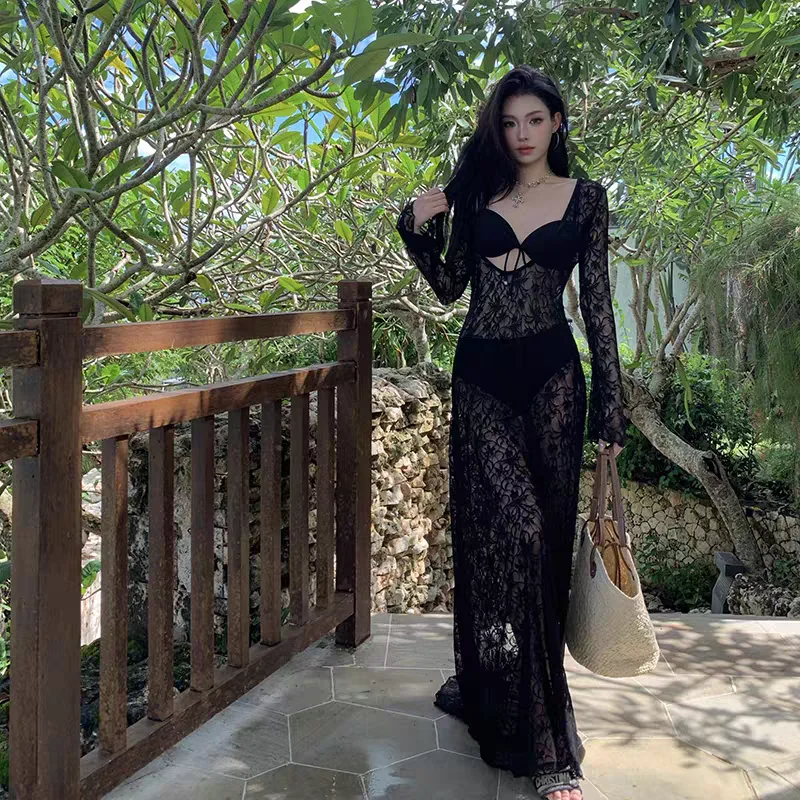 高级感纯欲风黑色蕾丝微透视长裙显瘦性感温