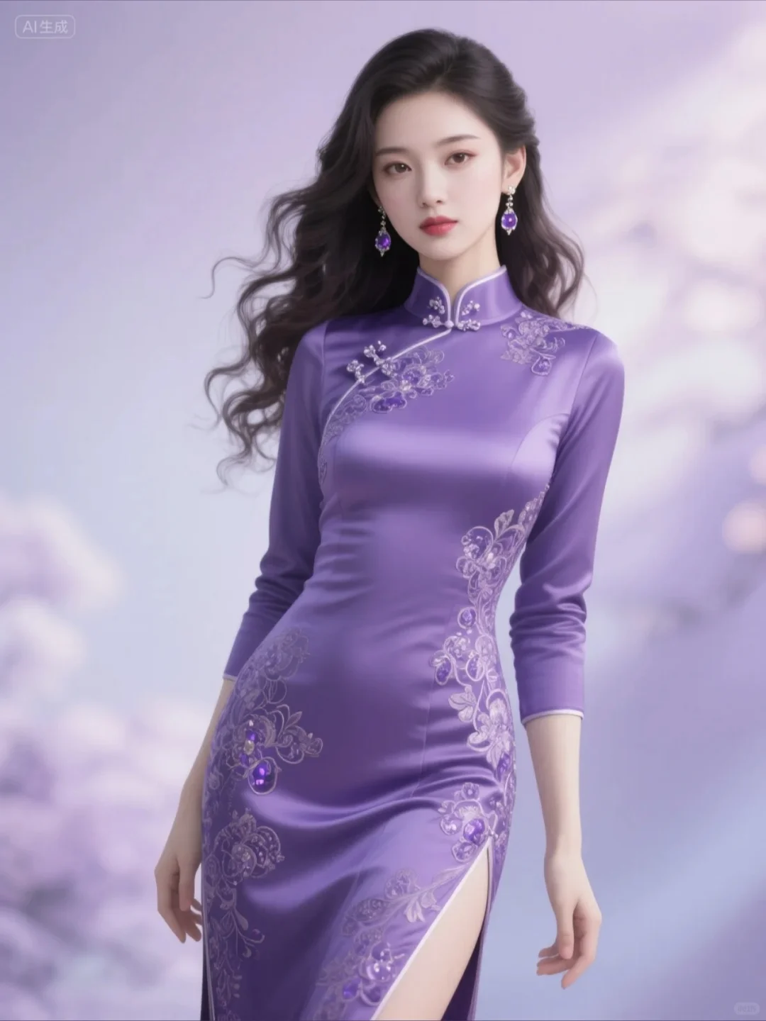 紫色旗袍美人，太美了~Ai生成