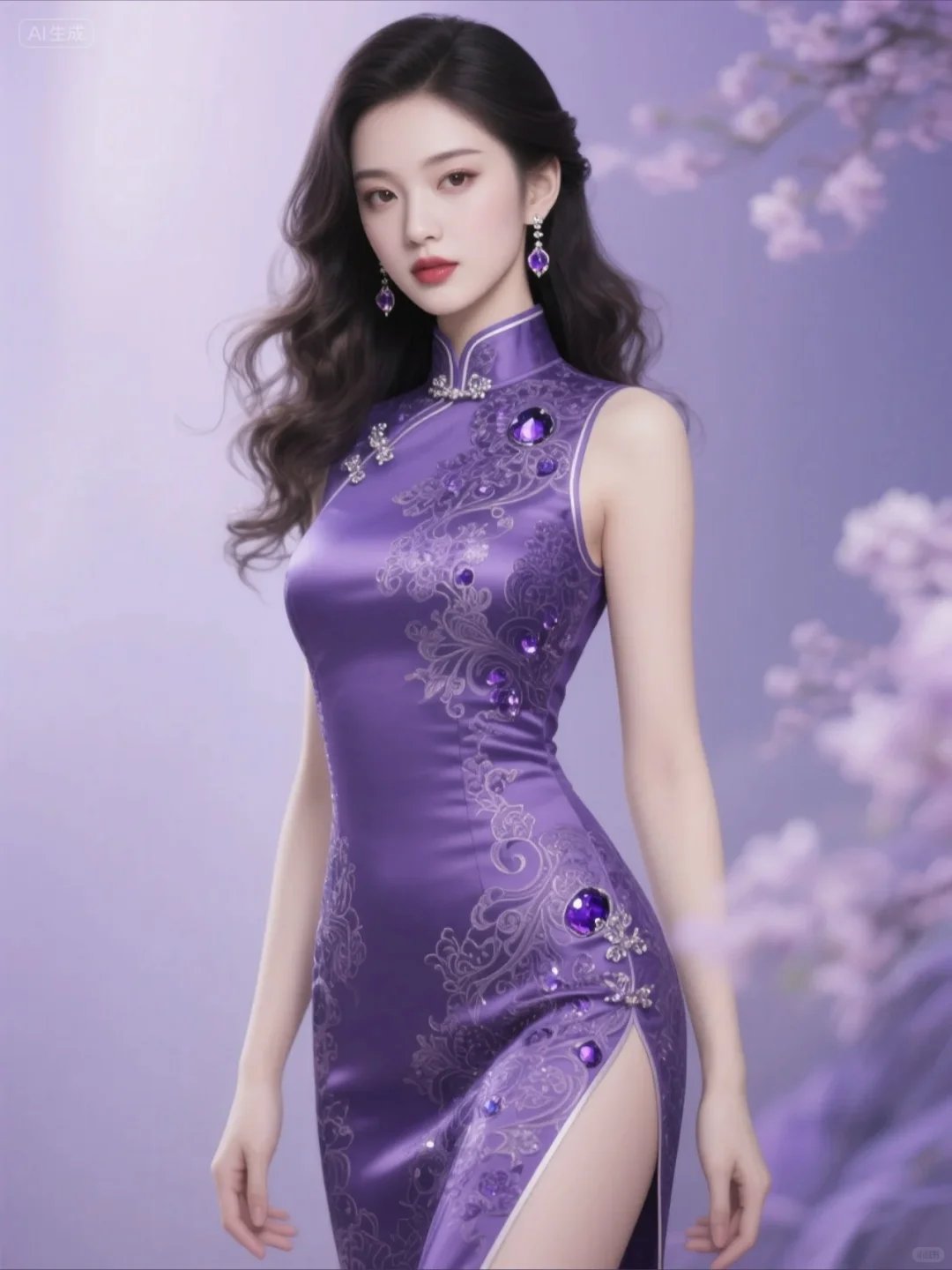紫色旗袍美人，太美了~Ai生成