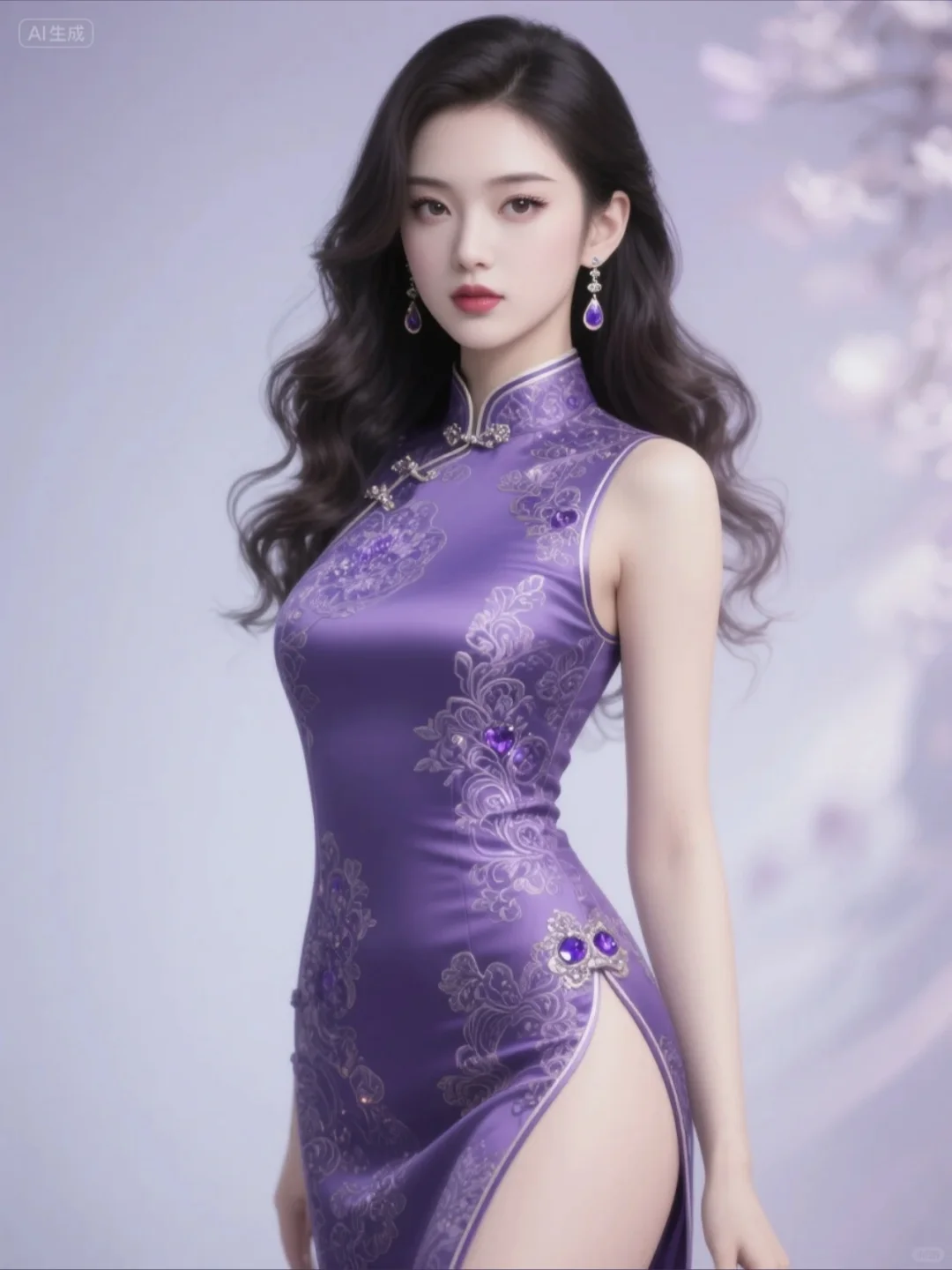 紫色旗袍美人，太美了~Ai生成
