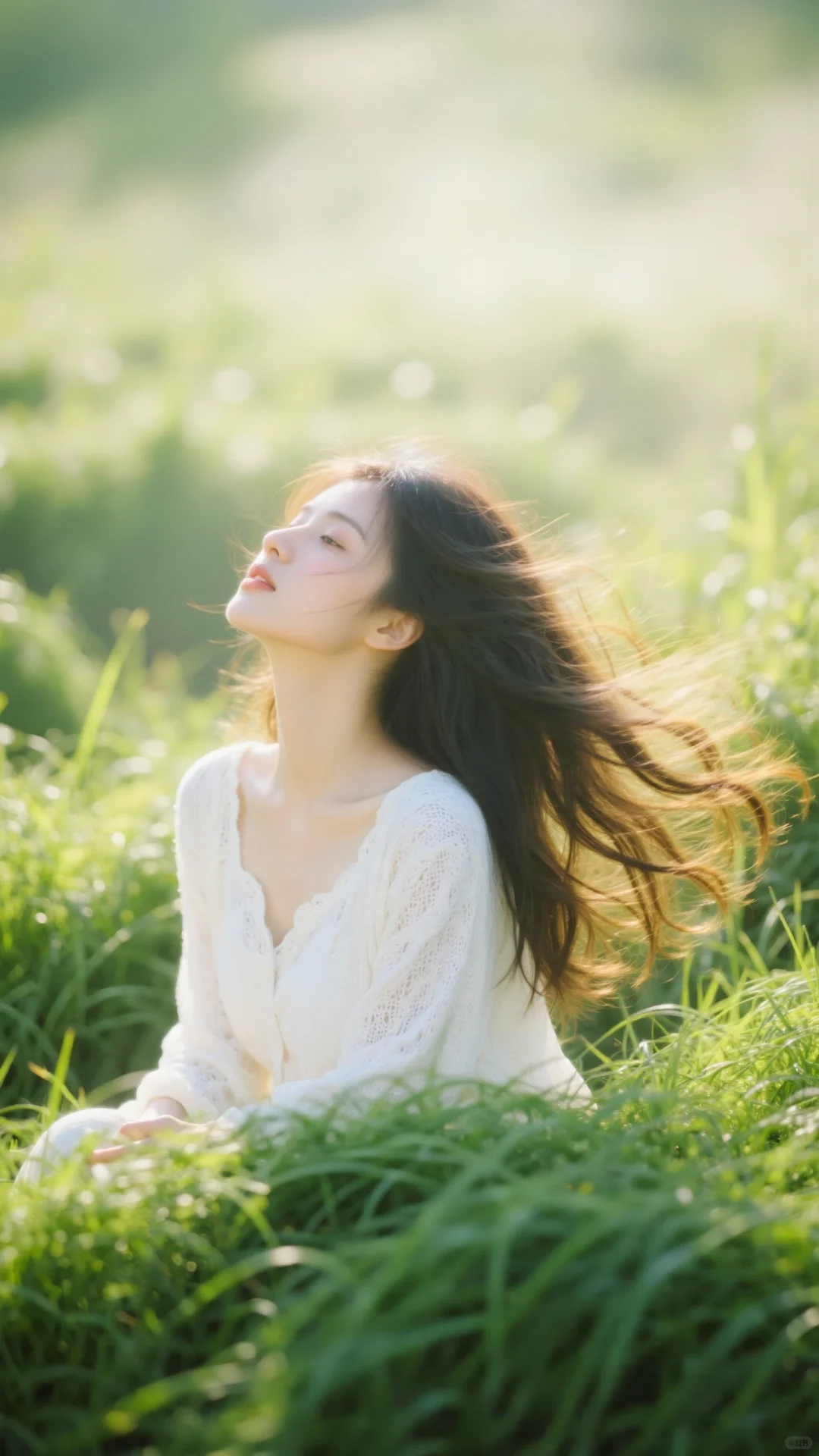 她坐在草地上，头发成了风的诗🍃