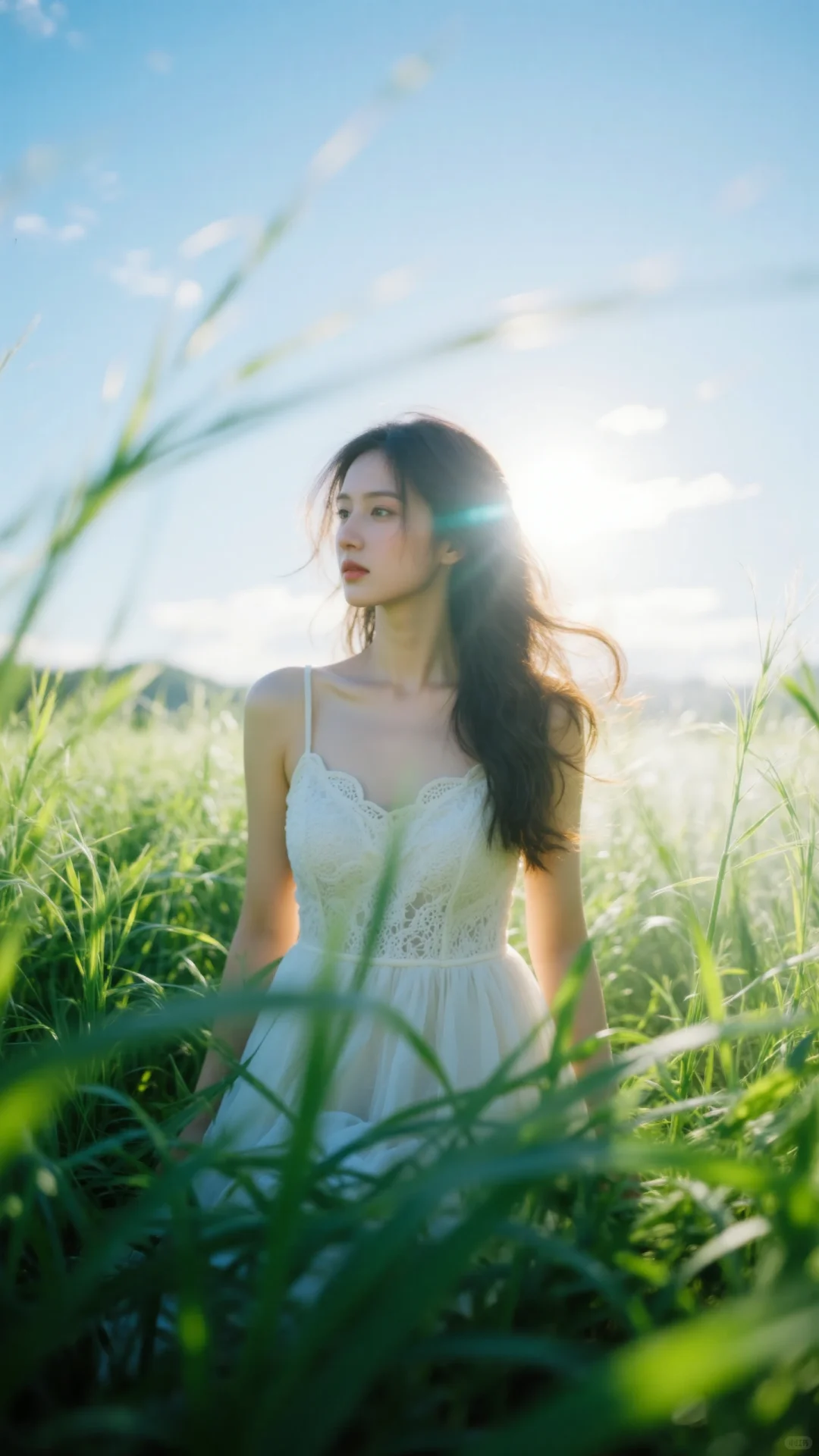 她坐在草地上，头发成了风的诗🍃