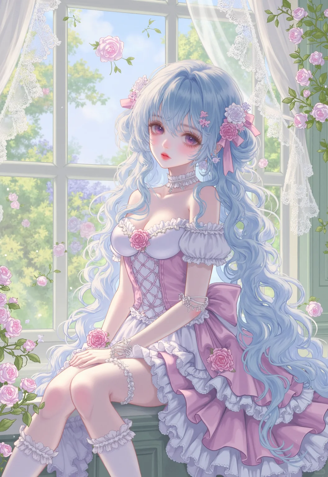 静谧午后阳光下的蓝发少女🌸
