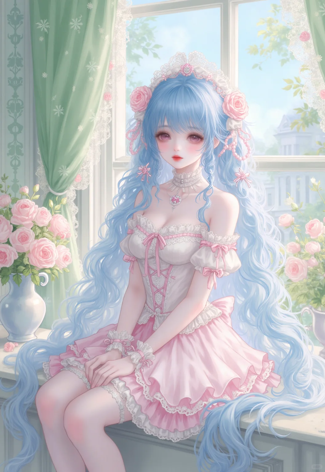 静谧午后阳光下的蓝发少女🌸