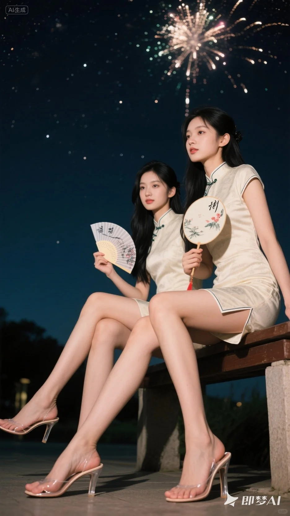 和大长腿的闺蜜，一起看烟花