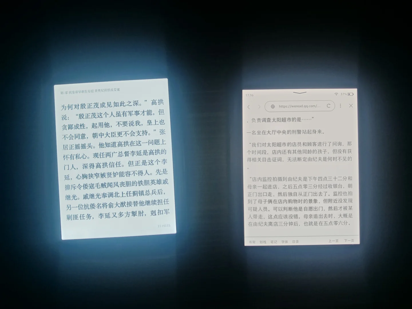 两款墨水屏阅读器的显示效果