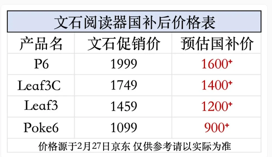 文石阅读器国补价格表出来啦