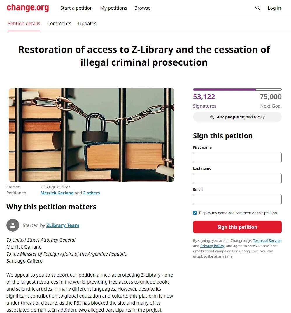 释放zlibrary创始人的请愿还差2w个签名